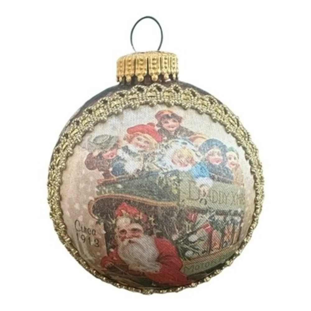 Vintage Circa 1913 Santa Scene Glass Ball Christmas Ornament Red Gold G+